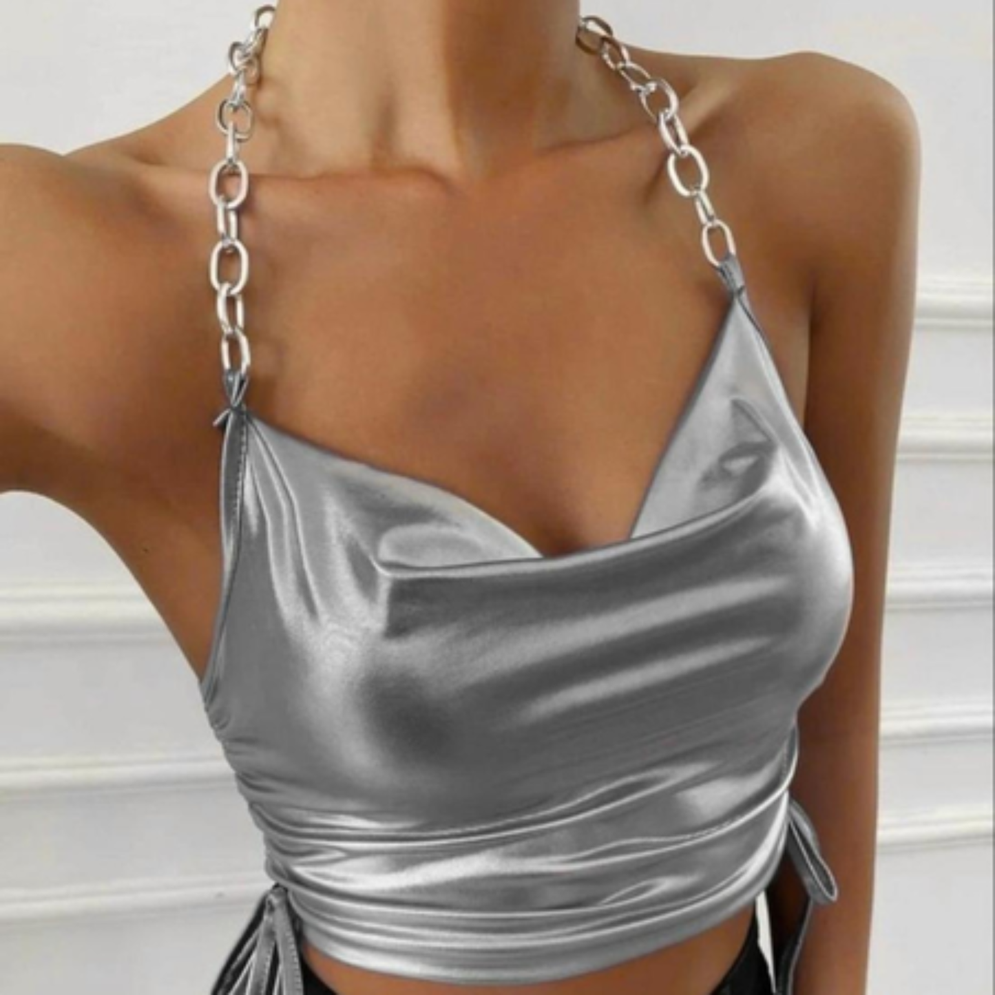 Top argent dos nu métallique