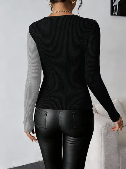 Pull col V pour femme aux couleurs contrastées