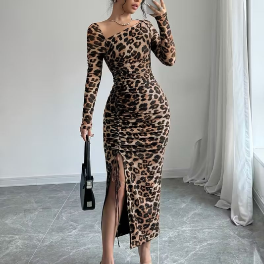 Robe à manches longues en maille imprimé léopard