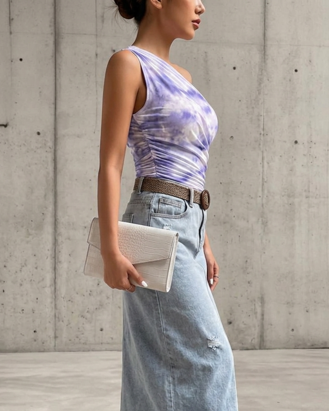 Blouse asymétrique à imprimé tie-dye violet