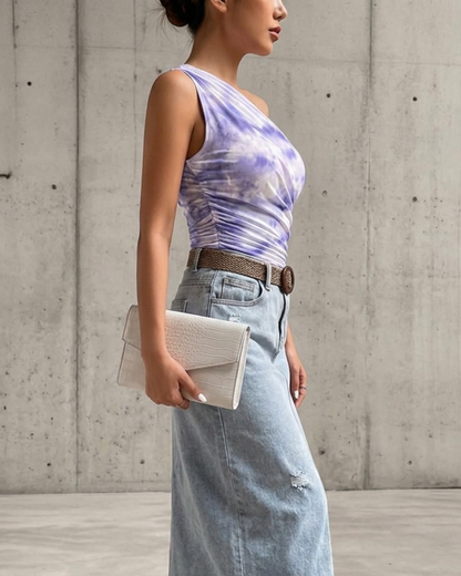 Blouse asymétrique à imprimé tie-dye violet