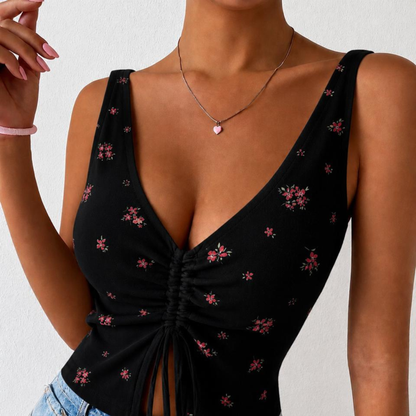Top caraco à fleurs noir et rose avec un décolleté en V