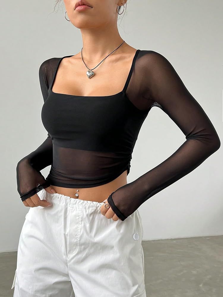 Top Noir Court À Encolure Carrée