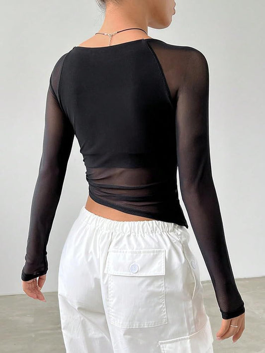 Top Noir Court À Encolure Carrée