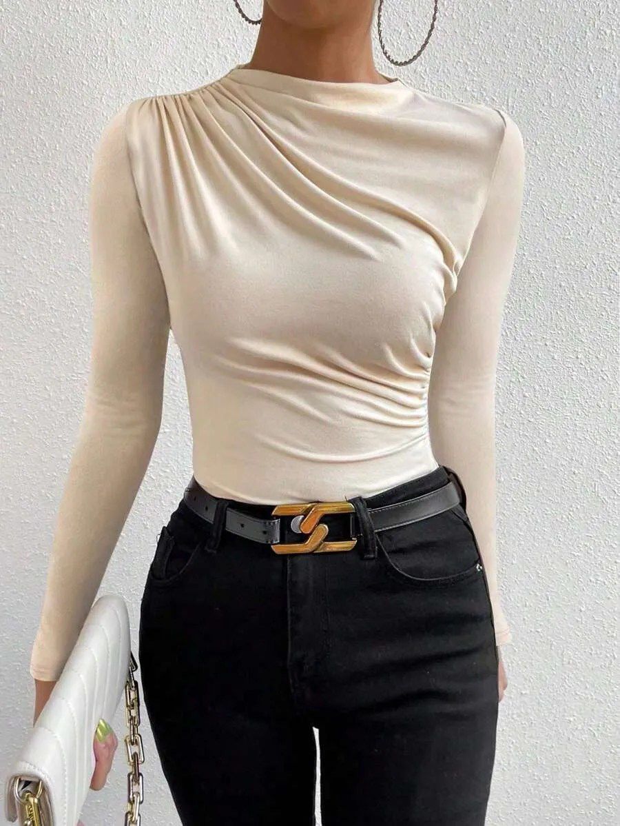 Top crémeux slim uni froncé